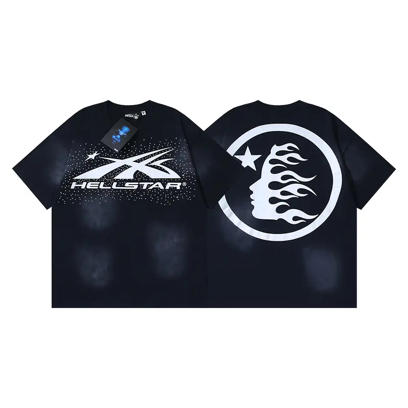 Hellstar Shooting Star Crystal Dot T-Shirt, Washed Black Heavy Cotton Graphic Tee Featuring Winged Chest Logo and Oversized Flame Face Circle Back Art, Loose Unisex Y2K Streetwear Fashion Accessories