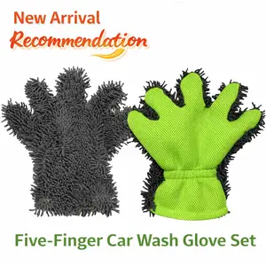Microfiber Car Wash Gloves, Double-Sided Thick Chenille Wash Mitts, 5 Finger Cleaning Gloves for Car Detailing, Scratch Free
