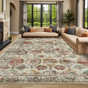 GARVEE Machine Washable 5x7 Area Rug with Non-Slip Backing, Low Pile Vintage Design, Soft Non-Shedding Faux Wool, Foldable Distressed Multicolored Accent Carpet for Living Room