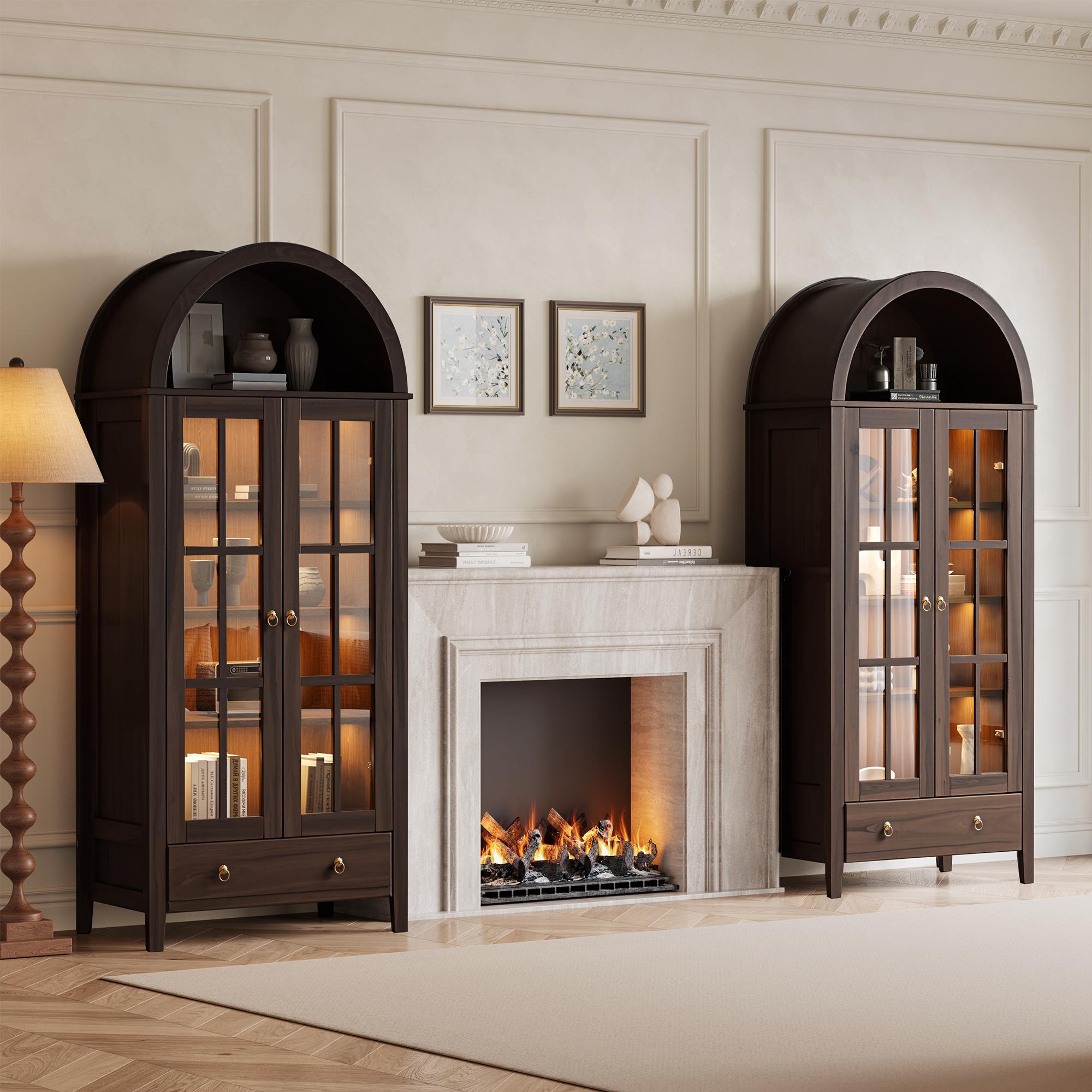 【Stock Up Sale】Ovios 71" Tall Arched Kitchen Pantry with Glass Door & Magnetic LED Lights, Modern Farmhouse Deep-Drawer Livingroom Storage Cabinet, Eco Wood Panel, Cupboard for Kitchen/Dining/Bathroom/Toy