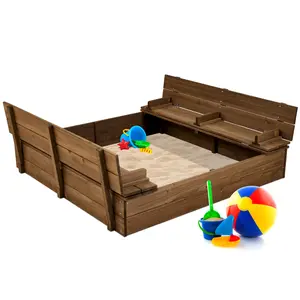 Best Choice Products 47x47-Inch Kids Wooden Outdoor Sandbox w/ 2 Foldable Bench Seats, Sand Protection, Liner
