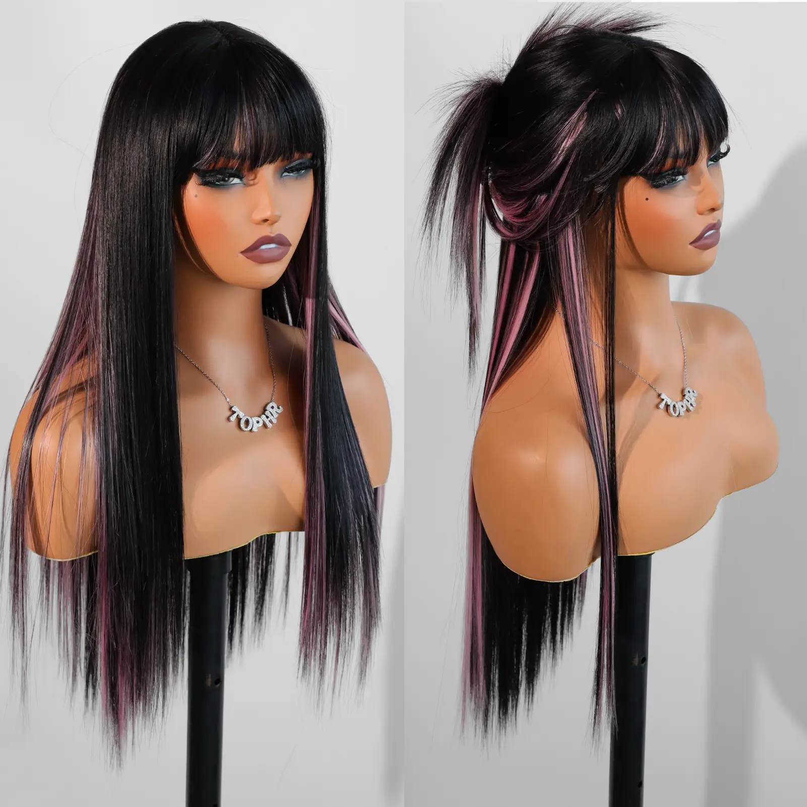 [Summervibes] TOPHR HAIR 26 Inch Straight Wig with Bangs Black Red Highlight | Layered Long Silky Hair Synthetic Wig, Natural Look, Easy Install, Daily Wear, Parties & Vacations