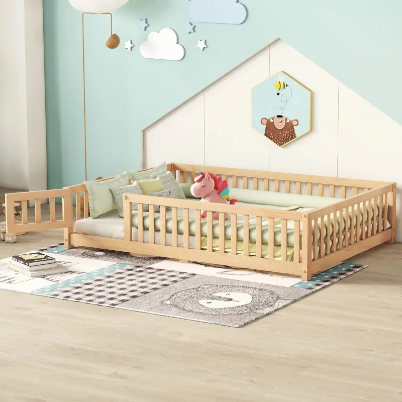 Bellemave Classic Low-Profile Floorbed Toddler Bed Frame - Natural Pine Twin/Full/Queen Child-Sized Bed, 77.75 x 56.34 x 17.52 inches, 56.88 lbs, Safety Rails, Door, Indoor Kids Bedroom Furniture, Twin Bed Frame,sohochic