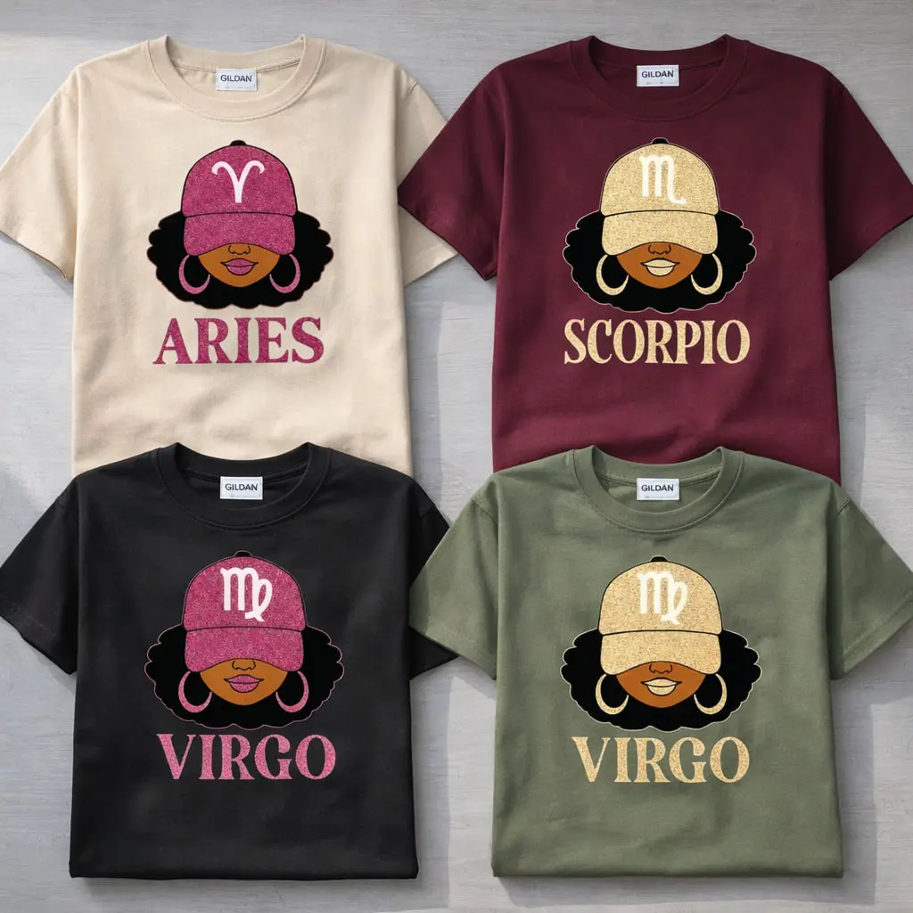 Women's 12 Zodiac Short-Sleeve 100% Cotton Printed Top - Glitter Astrology Hat Graphic, Bold Zodiac Letter Design, Unisex Horoscope Gift for Adults, Cotton Tee Collection