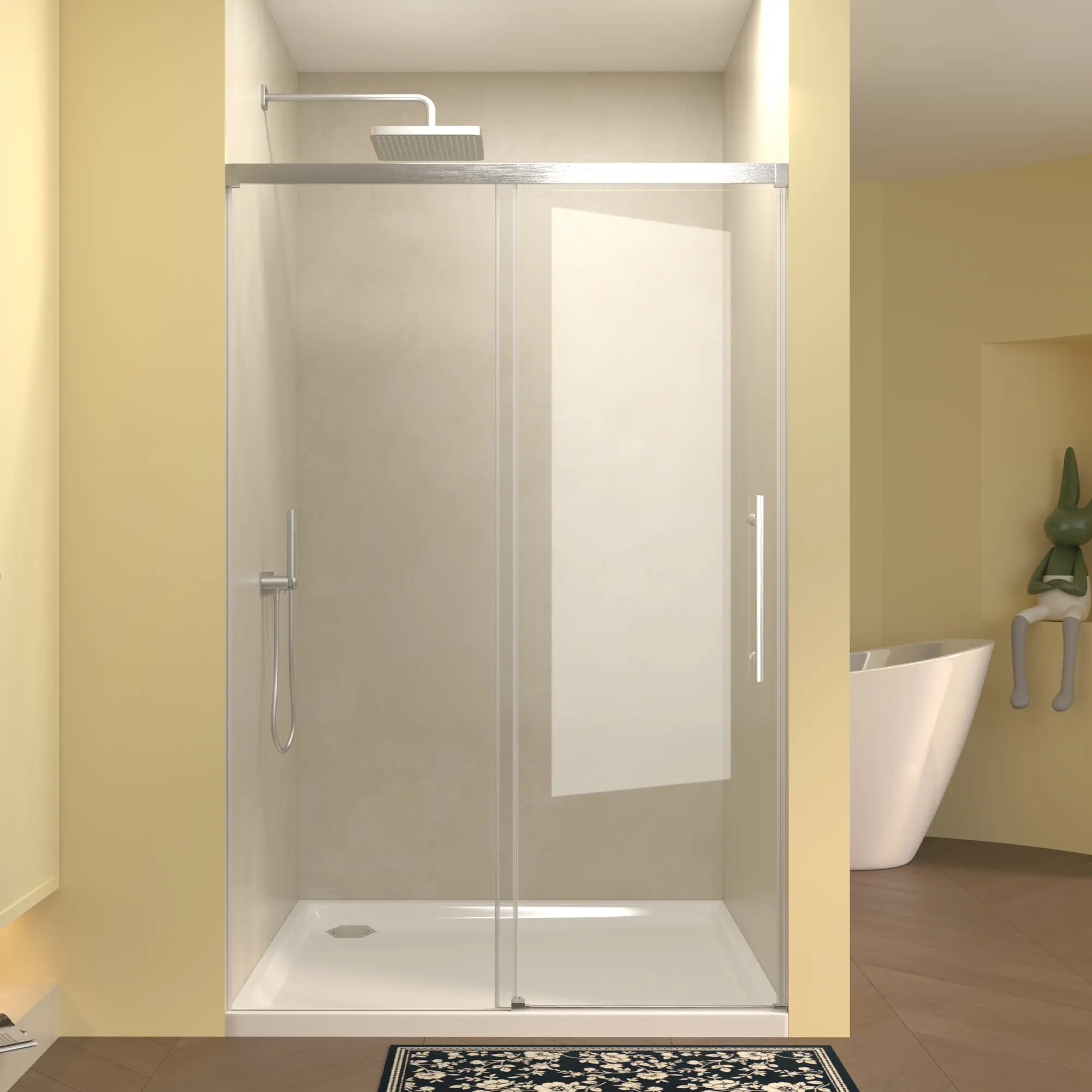 Single Sliding Frameless Shower Door, 48" W x 72" H, 5mm Fixed & 6mm Sliding Clear Tempered Glass, Brushed Nickel Stainless Steel Handle, Waterproof Seal Strip, Reversible Installation, Modern Bathroom Enclosure