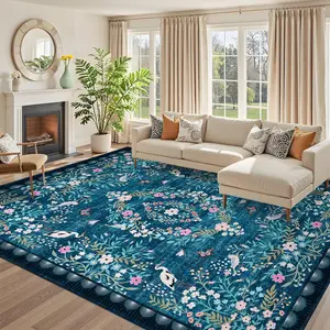 Vintage Floral Print Rug Washable Large-size Oriental Distressed Rug Soft Non-slip Foldable for Apartments Dining Rooms Living Rooms Offices Laundry Rooms and Bedrooms