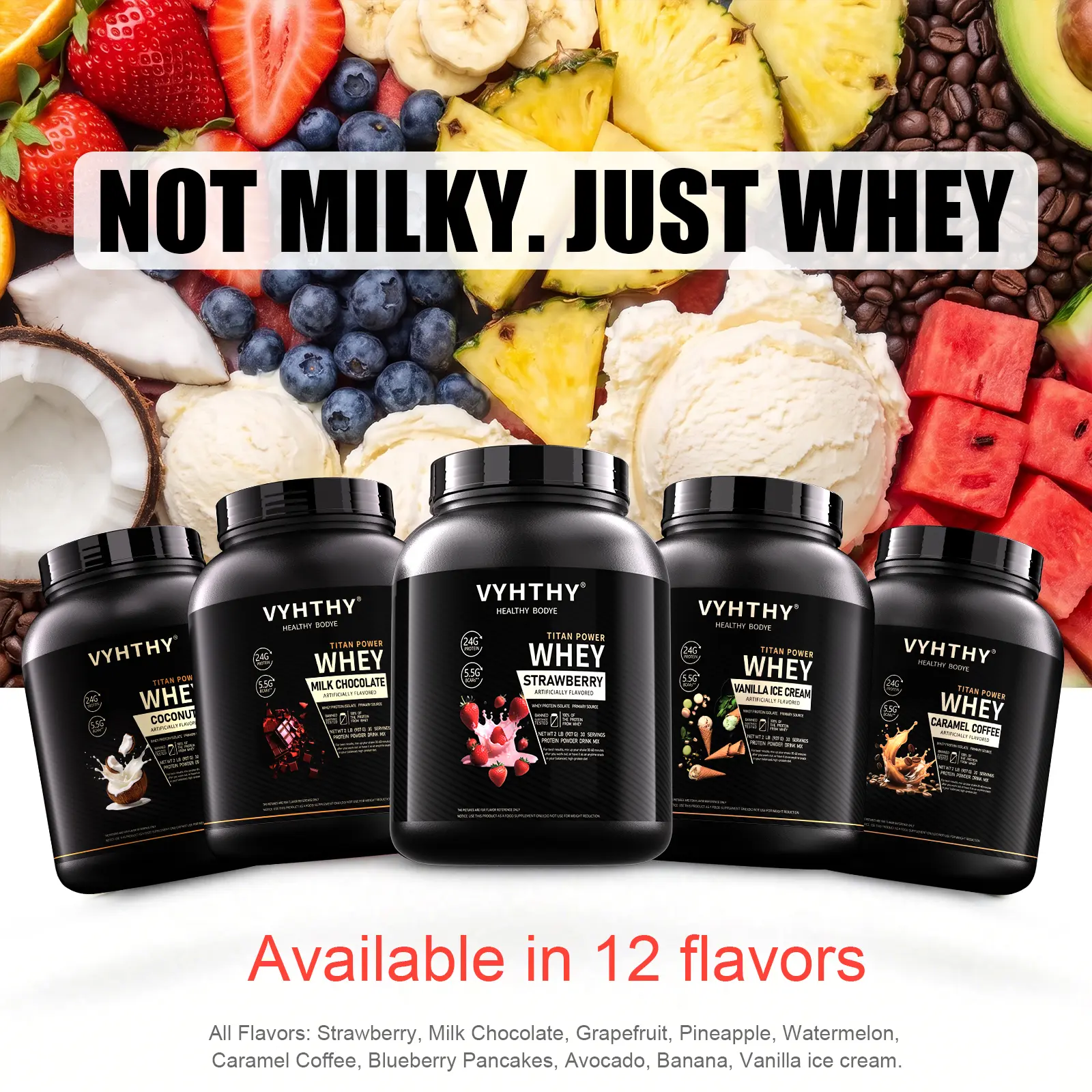 VYHTHY Whey Protein Powder - 12 Fruit Flavors, 28g Protein, High-Quality Isolate & Concentrate Blend, Nutrition Dietary Supplement for Adults, Fruit Mix Option, Cholesterol-Conscious Support for Muscle Growth & Recovery, 24G, Balanced Amino Acid Support,