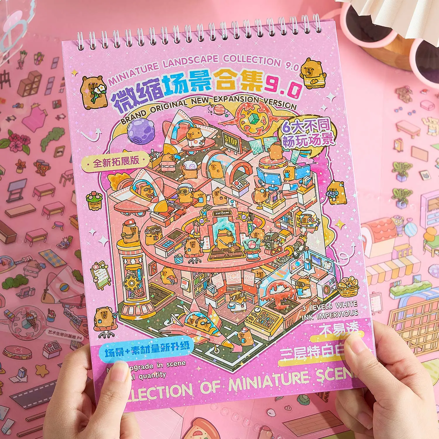 Festive Pink Happy Town 9.0 Miniature Scene Sticker Book - Multi-Sheet, Multi-Theme Scrapbooking Stickers for Mini Diorama Enthusiasts, Stress Relief, Personalized Journals & Creative Projects