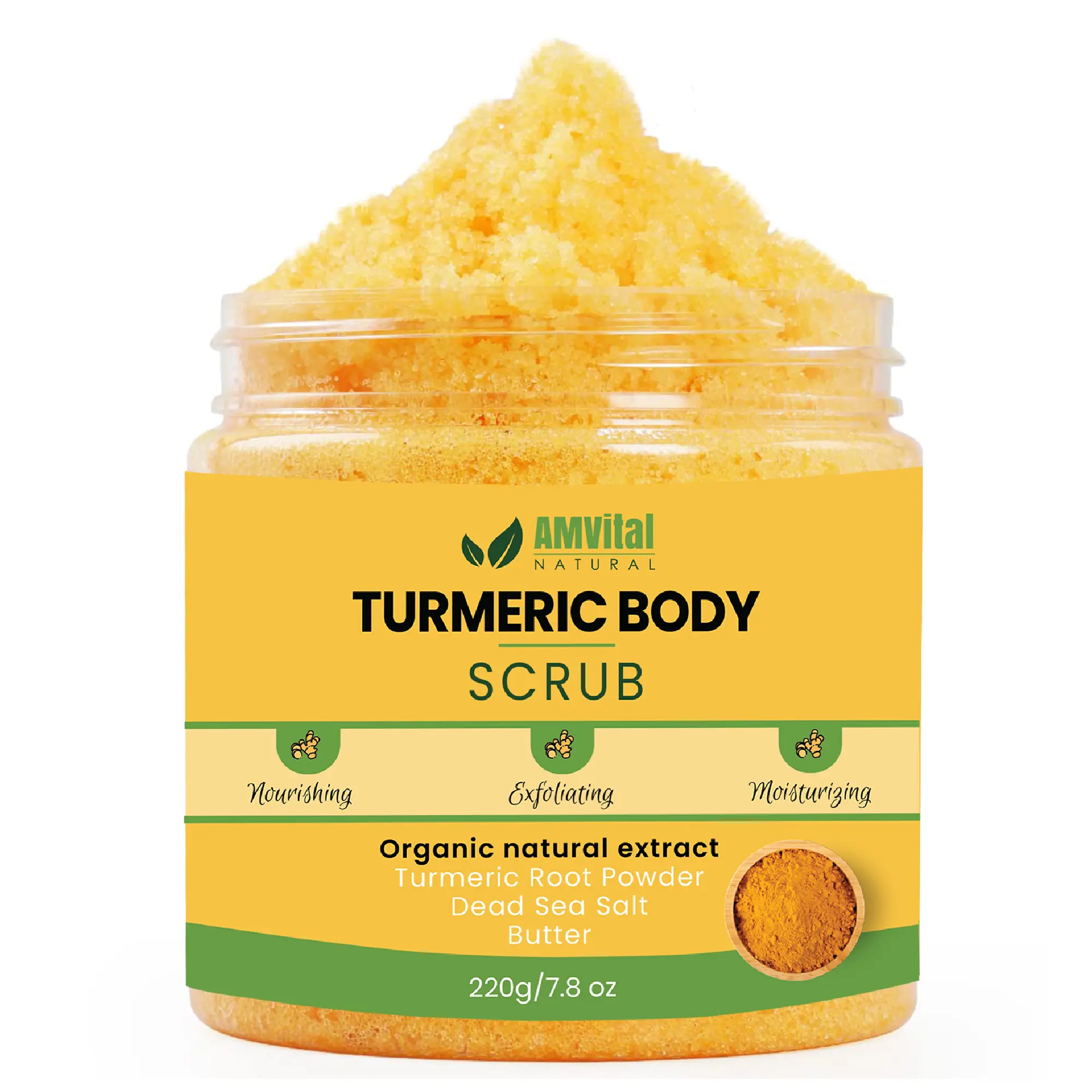 AMVital Vegan Body Scrub - Handmade Sugar Exfoliating Scrub with Shea Butter, Paraben-Free Turmeric Body Exfoliator, Single Item Cleansing Treatment for Acne & Dark Spots