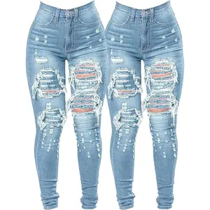 Plus Size High Waist Ripped Jeans, Stretch Slim Skinny Destroyed Denim Pants for Women