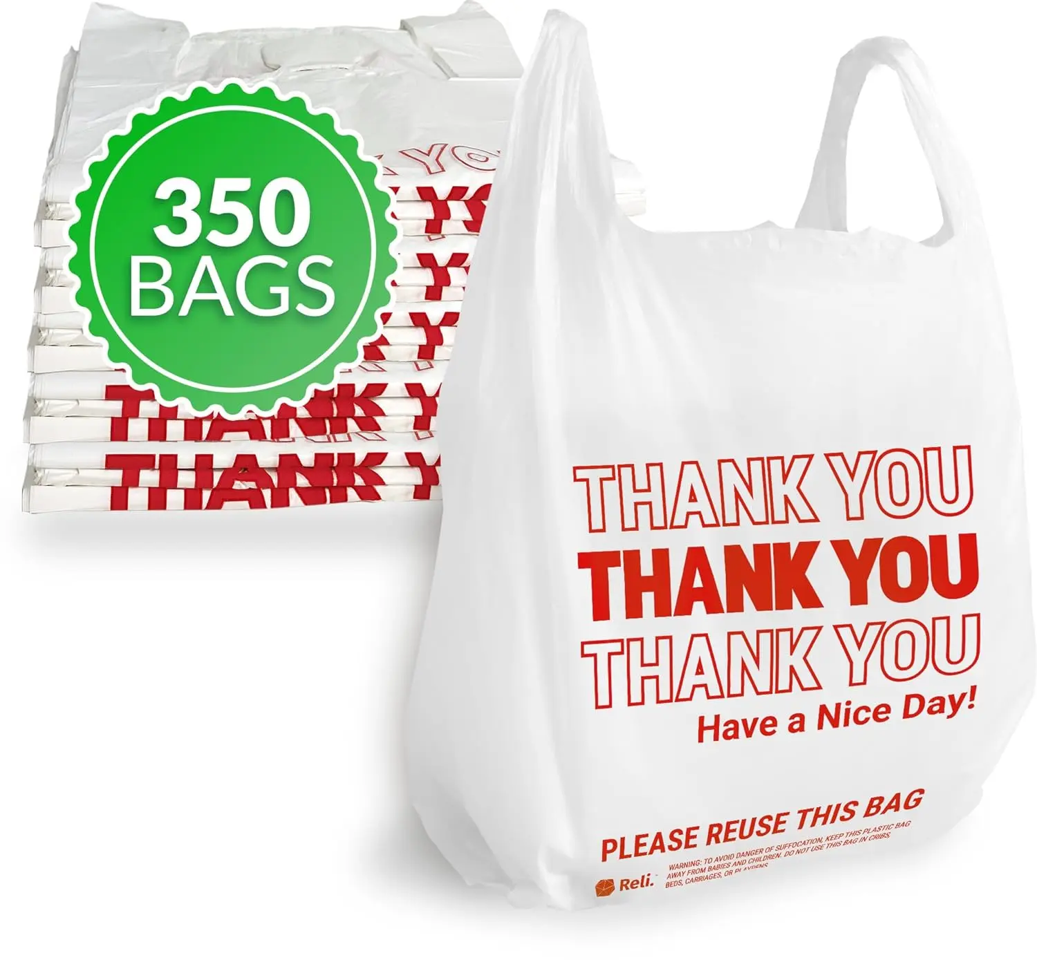 Lightweight White Thank You Plastic Bags (350 Count, 11.5" x 6.5" x 21") - Grocery Shopping Bags for Restaurants, Convenience Stores