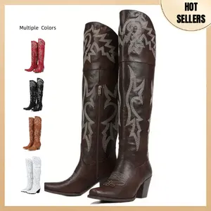 Knee High Tall Cowboy Boots Women Vintage Embroidered Pointed Platform Over the Knee Cowgirl Boots Fashion Square Toe Chunky Heel Western Over-The-Knee Vacation Boots SpringStatements