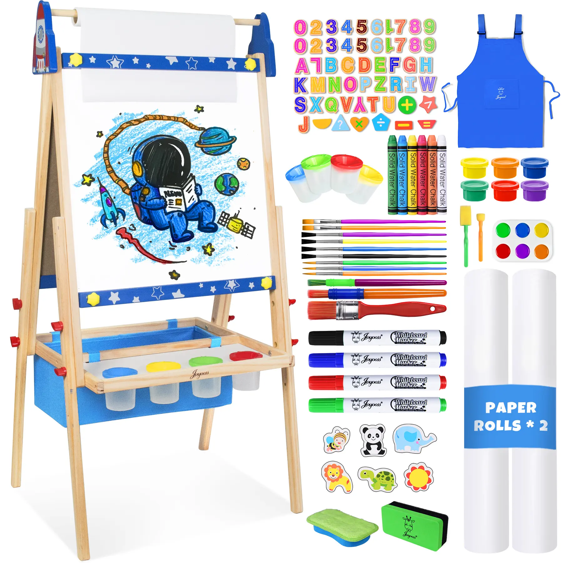 Joyooss Kids Wooden Double-Sided Adjustable Standing Easel - Drawing, Art, Painting Tool with Paper Rolls, Magnetic Letters Board, 98+ Art Pieces for Daily Creation, 129 Blue, Includes Paper Rolls