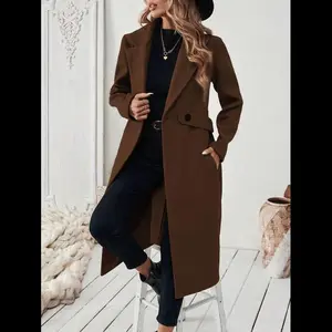 Halloween Women's Notched Collar Camel Wool Blend Coat With Belt Long Coat Fall Coat Sleeve Open Front Blazer Faux Fur Lapel Coat Double Breasted Wool Coat Double-Breasted Pea Coat