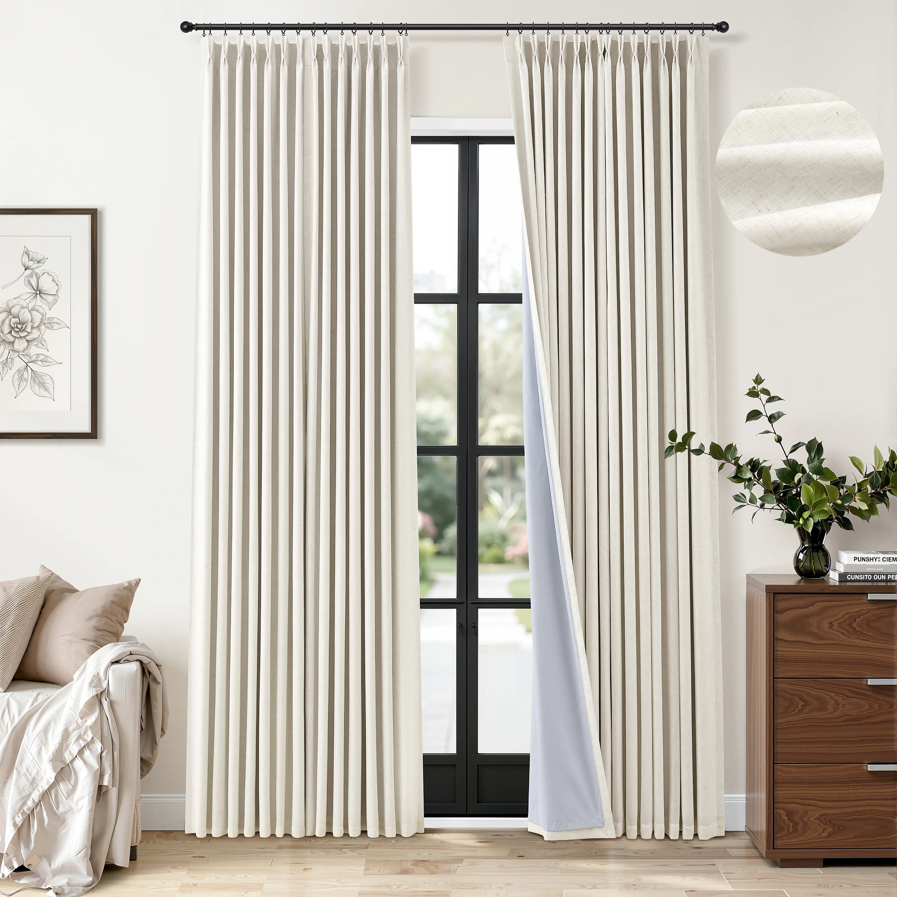 [Double-layer design]Jowels Blackout Linen Pinch Pleated Curtains for Bedroom 2 Panels Set, 100% Black Out Curtains Pinch Pleat Double Layer Drapes for Living Room Office