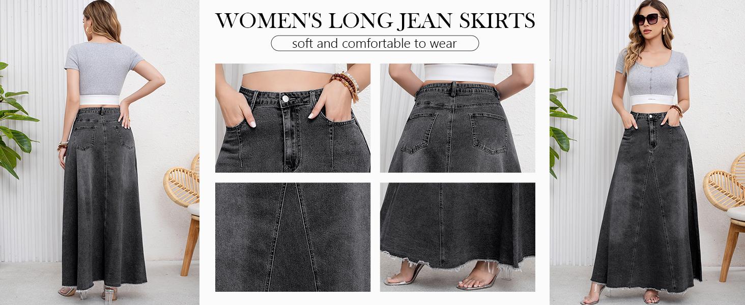 Ebossy Women's Retro Distressed High Waist Frayed Hem A Line Wash Maxi Long Denim Skirt with Pockets & Tassels for Casual & Party Wear