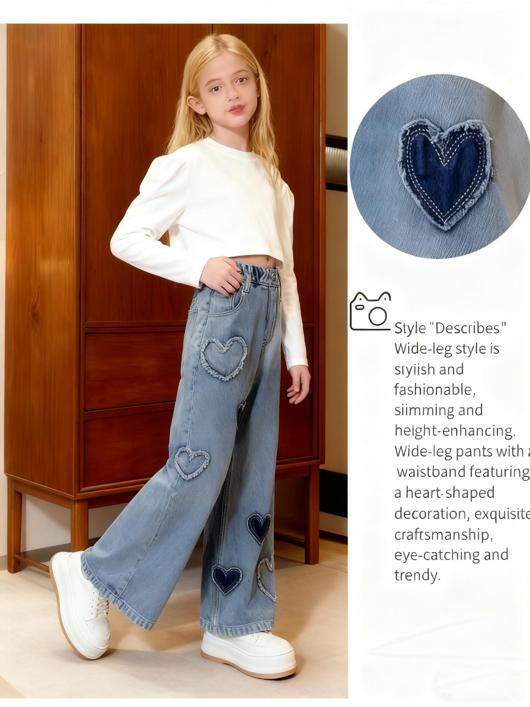 Girls' Jeans Spring and Autumn New Loose Casual Straight Leg Wide Leg Jeans with Heart Love Patch Design