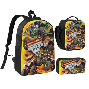 3 Piece Monster truck Backpack Set for Girls Boys, Monster trucks Laptop Bag with Lunch Box Pencil Case for Teens Office Workers