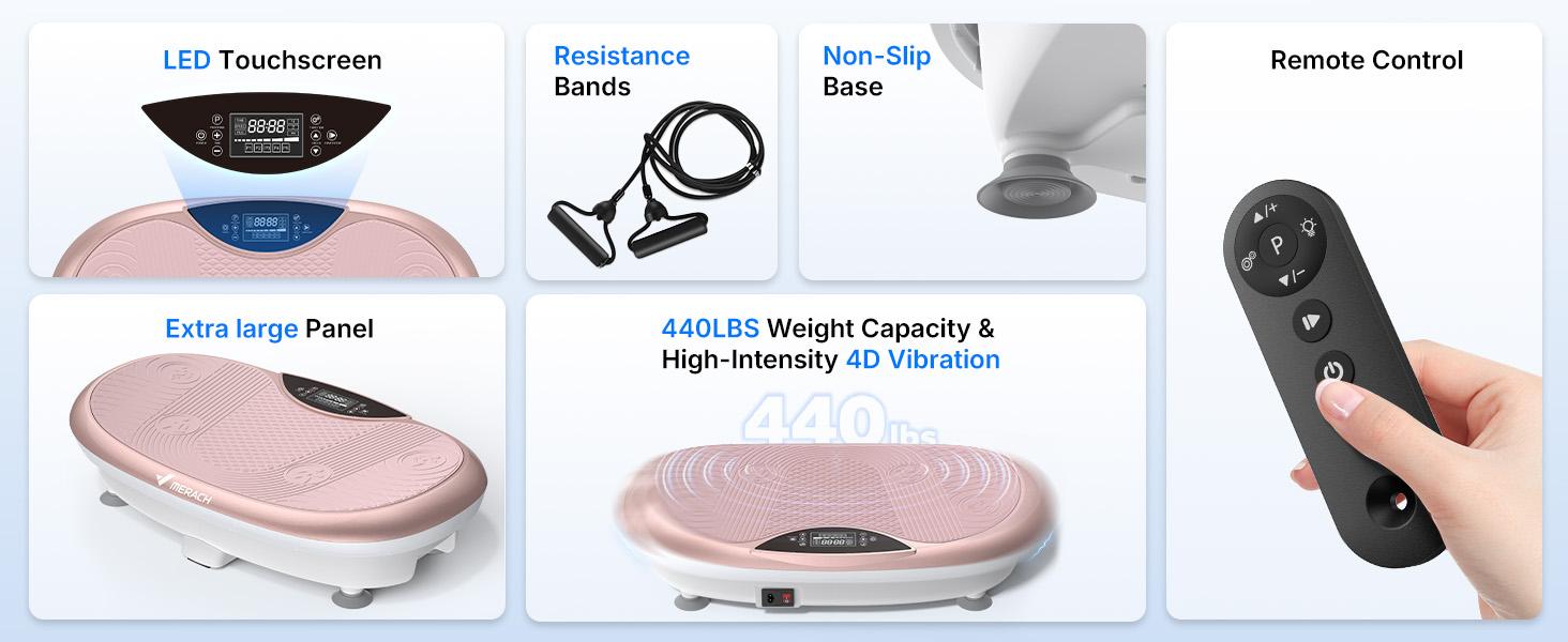 Merach 4D Vibration Plate 440LBS Capacity with Triple Motors for Lymphatic Drainage & Exercise Machine with Mat, Remote, and Resistance Bands