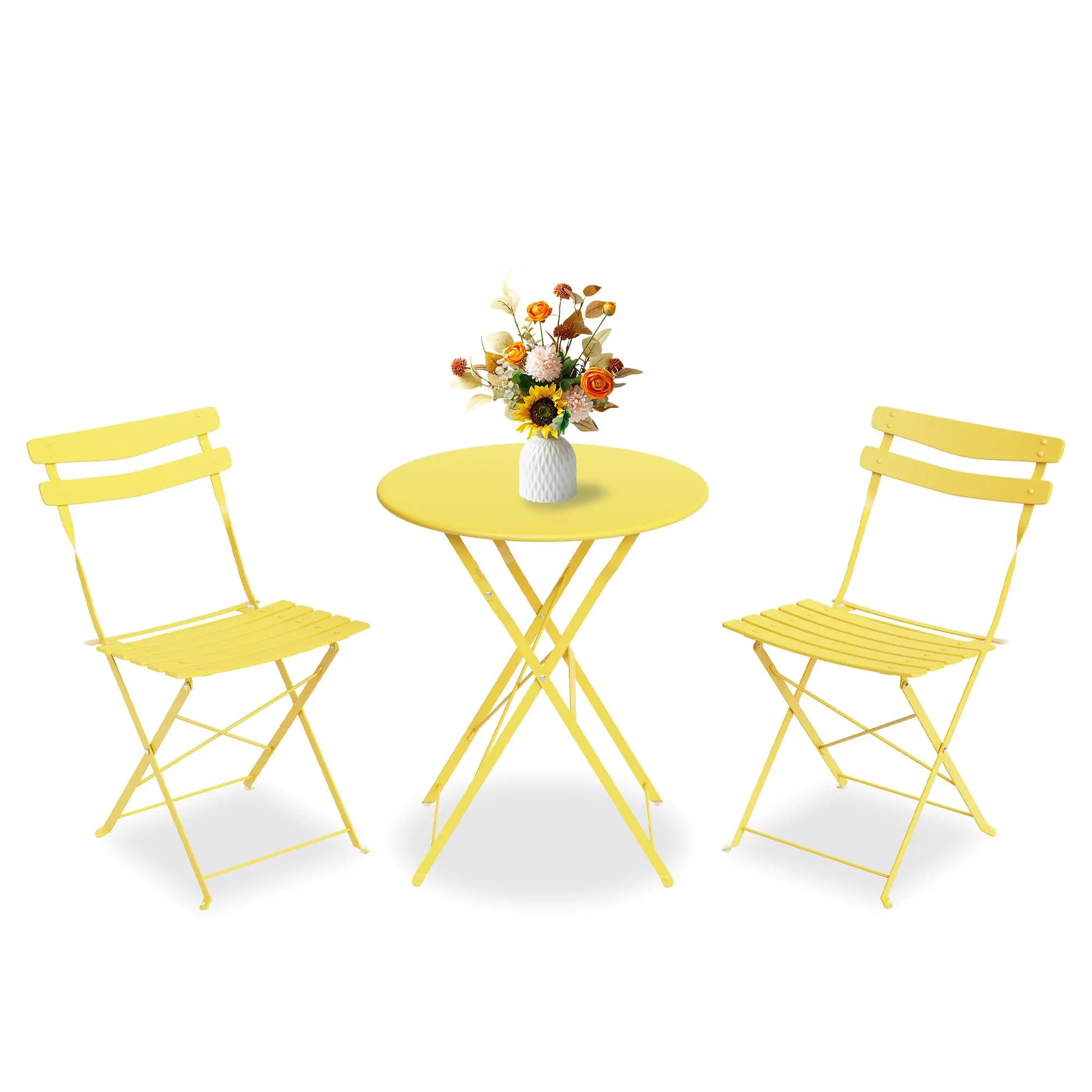 GARVEE Space-Saving Collapsible Patio Bistro Set – 3-Piece Metal Table and 2 Chairs, No Assembly, Compact Outdoor/Indoor Furniture for Balcony, Garden, Yard – Yellow