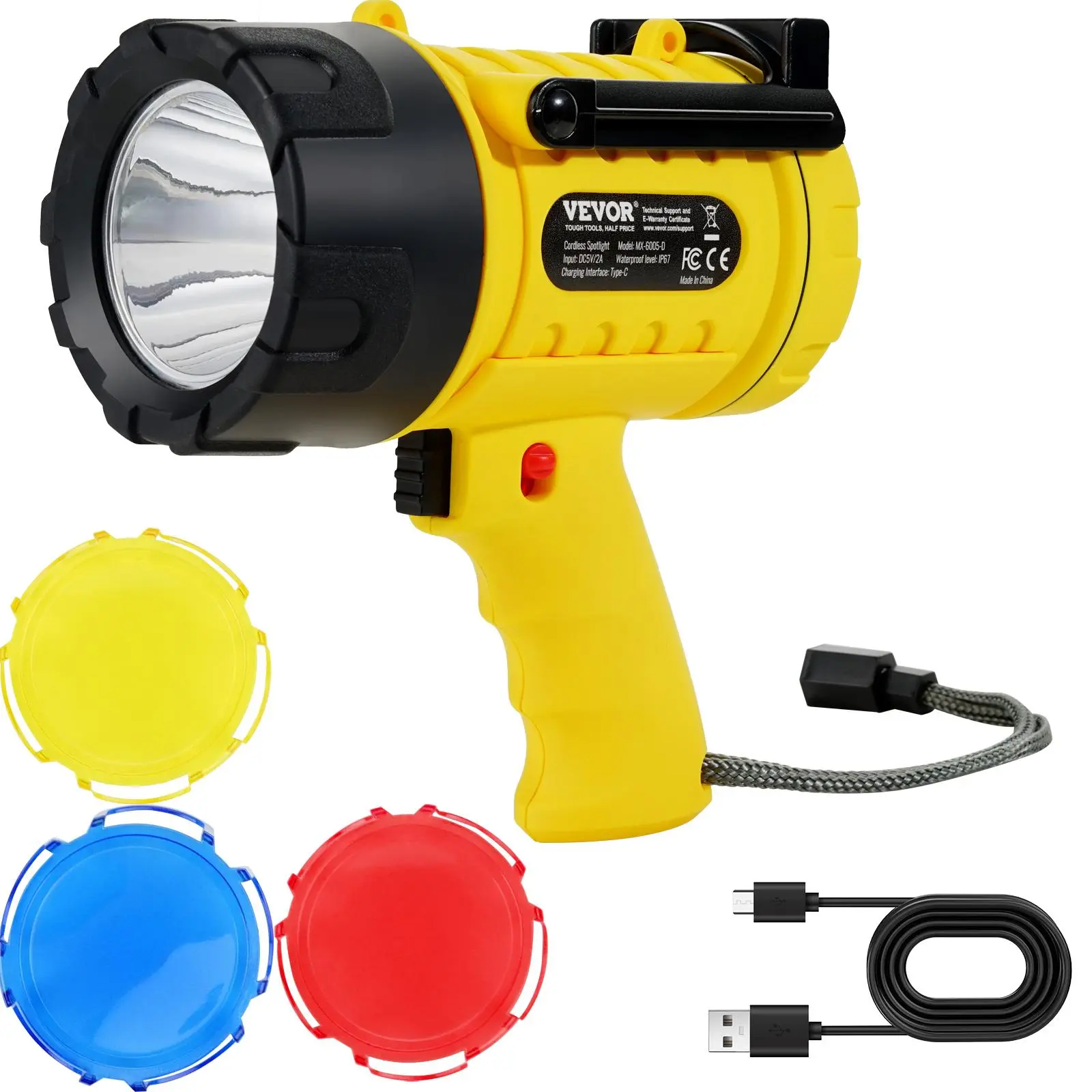 VEVOR Rechargeable Spotlight Flashlight, TikTokShopBlackFriday, 1000,000 Lumens, IP67 Waterproof Handheld LED Spot Light, Super Bright Portable Searchlight with 4 Modes Detachable Lens USB Port, for Hunting Boating Camping