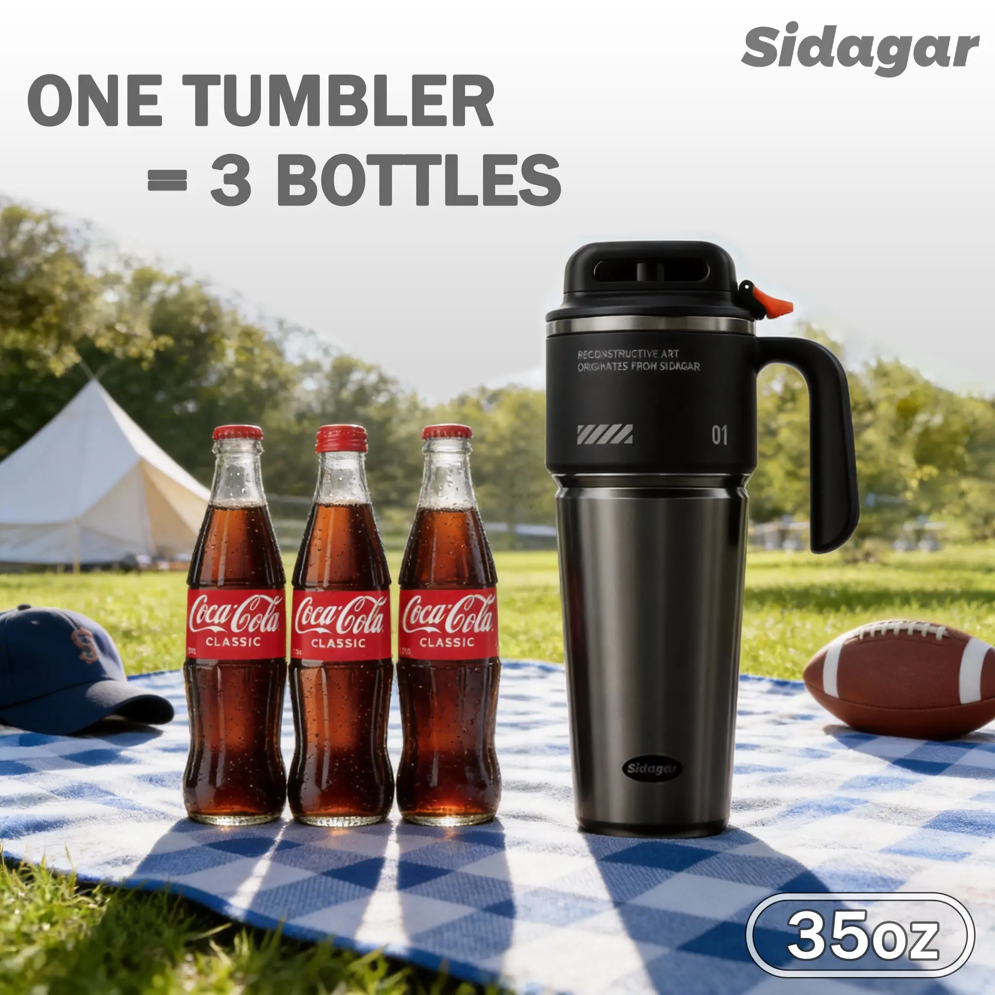 [Sidagar] 35OZ 1-Button Open Lid Portable Insulated Stainless Steel Drink Tumbler - 316L Medical-Grade Cool-Touch Flask, 24H Hot/Cold Leakproof Carry, Anti-Slip Handle, Car-Fit, Men's Valentine's Day Gift