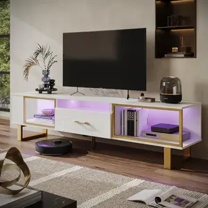 Pinmoco TV Stand with LED Light for TVs up to 80 Inch, Modern Entertainment Center with Open Storage and Half-Glass Design Drawer, High Gloss Media Console Table for Living Room Bedrom
