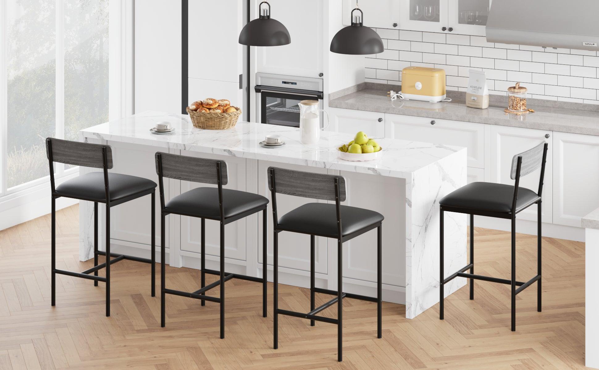 【GARVEE】 Set of 4 Industrial Bar Stools - 25.5" Upholstered Kitchen Counter Stools with Footrest & Back Support  Easy Assembly Design Sturdy Furniture Barstools for Kitchen Dining Home