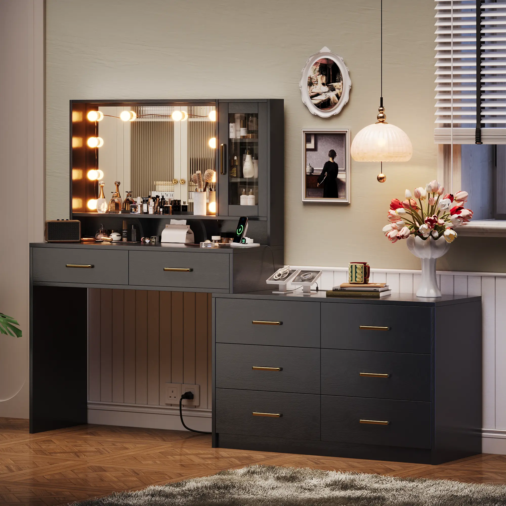 Large Vanity Desk with 3 Color Touch Screen Dimming Mirror,Vanity Desk with Charging Station,Modern Retractable Makeup Dressing Table,Vanity Table With storage shelves and 8 Sliding Drawers,White,Black,dorm essentials,home decor