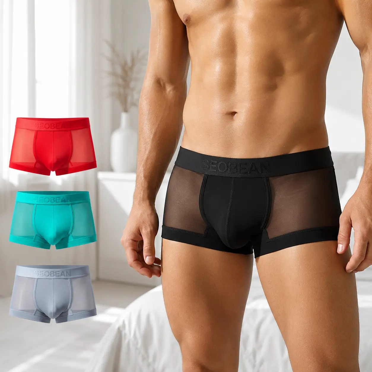SEOBEAN Men's Mesh Boxer Briefs, Low-Rise Stretch Trunks with Contoured Pouch & Soft Waistband, Breathable Underwear for Gym, Travel & Daily Wear -250214 Elastic Fabric
