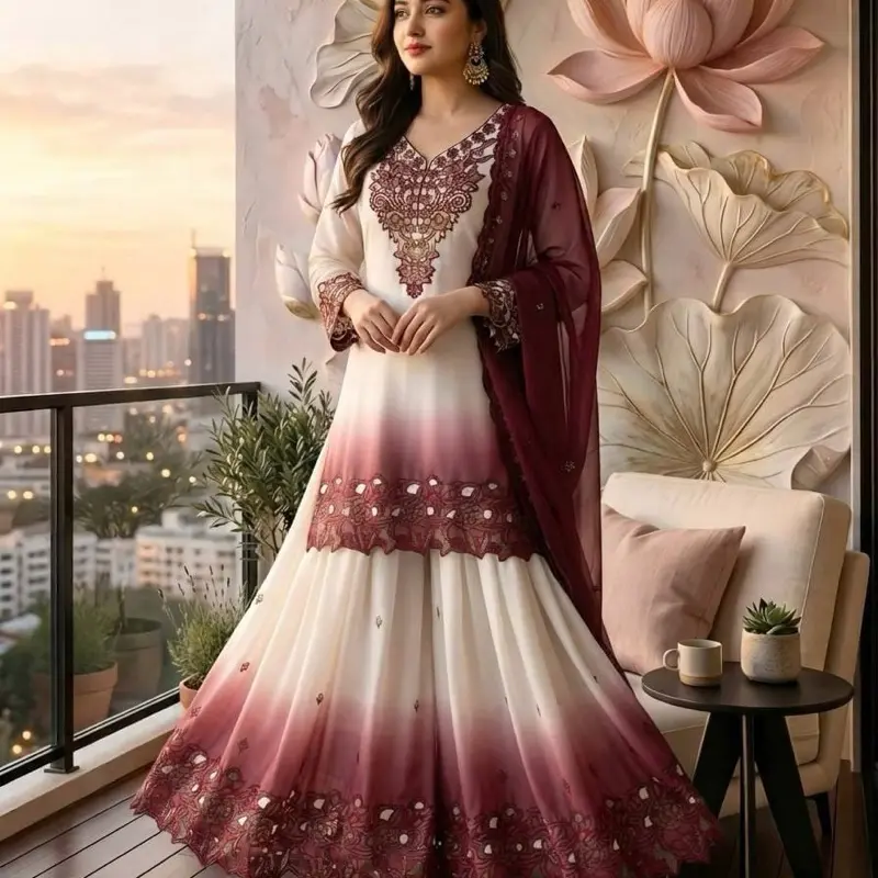 Premium high-quality Party wear Launching New Đěsigner Party Wear Look Pur Heavy Dual Tone Peding Star Georgette Top Plazzo & Dupatta Set