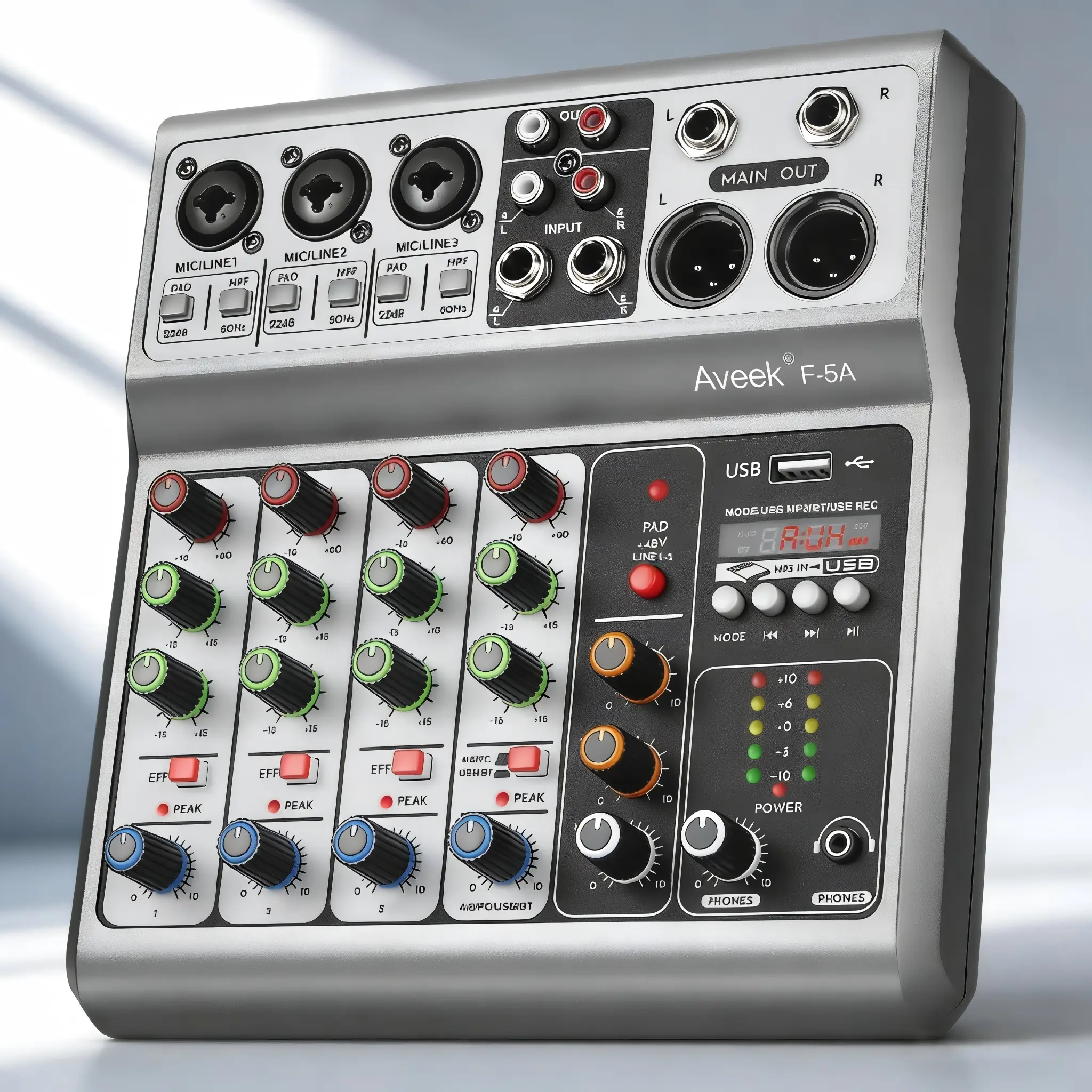 veek Professional 5-Channel Stereo Audio Mixer Sound Board - Digital USB, Bluetooth, Echo Delay Effect, 48V Phantom Power Input, Plug & Play Noise-Reducing Device for Recording, Live Streaming, Father's Day Gift, Wedding, Headphone Jack