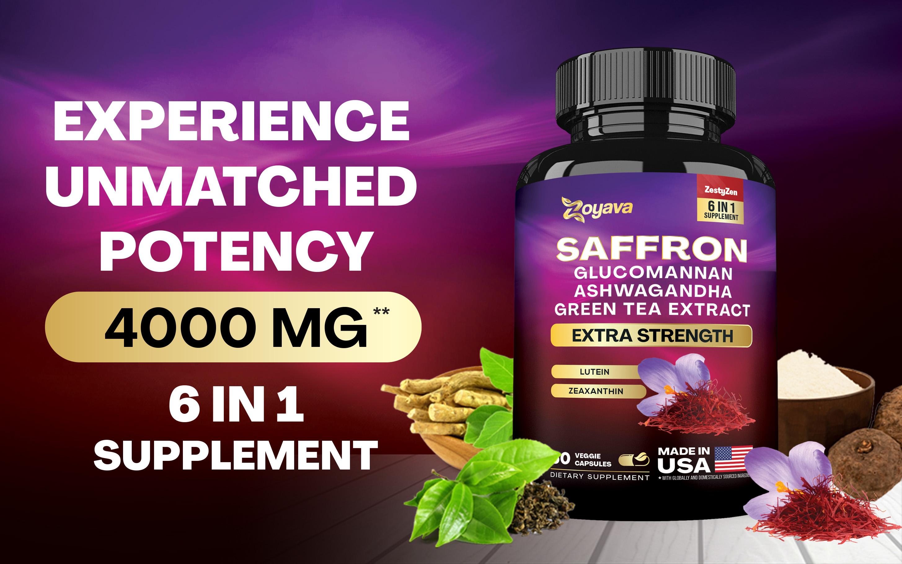 Zoyava Saffron All-in-One Supplements - Extra Strength Formula with Glocomannan, Ashwagandha, & Green Tea Extract for Happier You - 60 Capsules - Made in USA Zoyava Saffron All-in-One Supplements - Extra Strength Formula with Glocomannan, Ashwagandha, & Green Tea Extract for Happier You - 60 Capsules - Made in USA