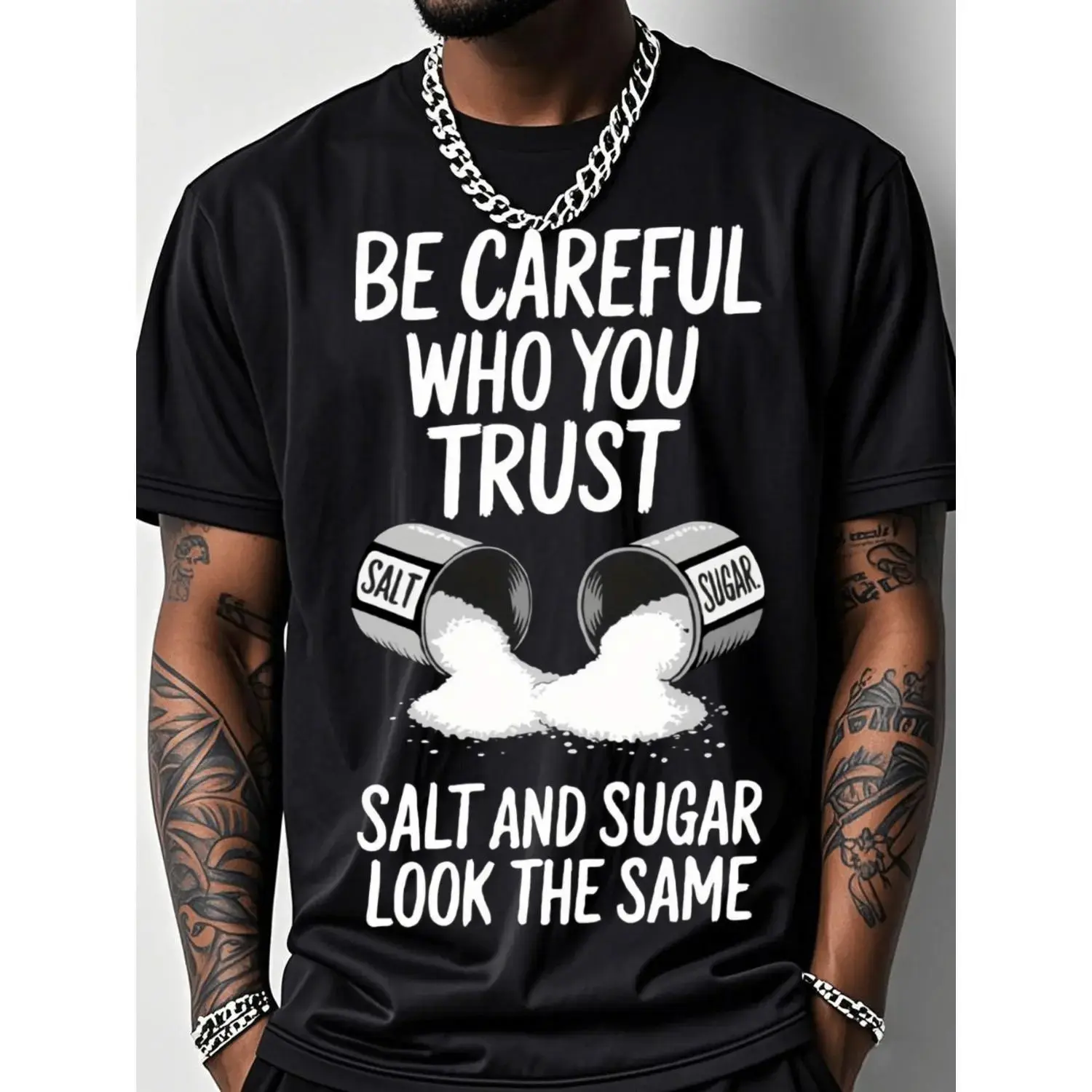 Men's Outdoor Fitness T-Shirt - 200g Cotton Breathable Stretch Apparel, Short-Sleeve Round Neck Menswear, Salt Graphic Print "Be Careful Who You Trust" Slogan Casual Top,back to school,back to school haul