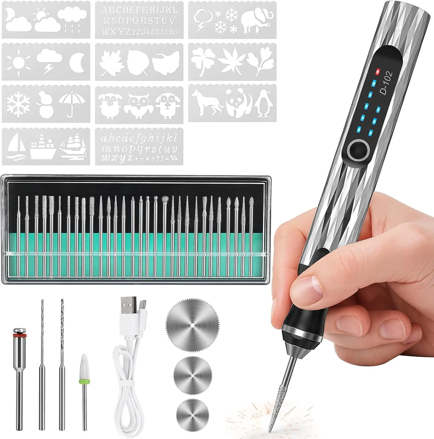 Electric Engraving Pen with 37 Bits, Upgrade 2-Way Rotary Cordless USB Rechargeable Engraver for DIY Jewelry, Wood, Glass, and Stone Carving (Silver), Tool Kit, Drill Tool, Cutting