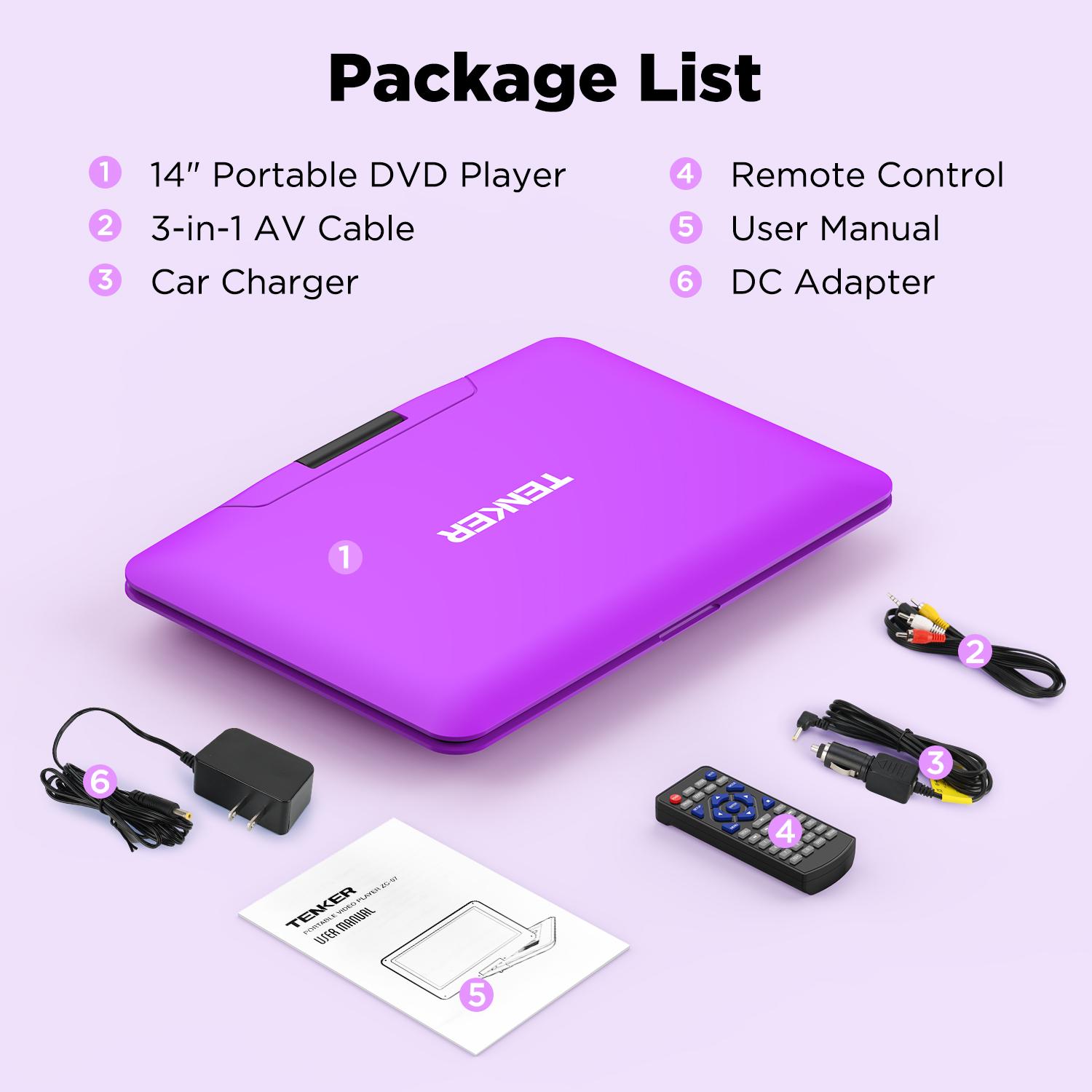 14.9" Portable DVD Player  Swivel HD Screen, CD Player, Dual Speakers, 6H Rechargeable Battery, Region Free, Remote Control, TV Sync, USB/SD Multi-Format Support (No Blu-ray)