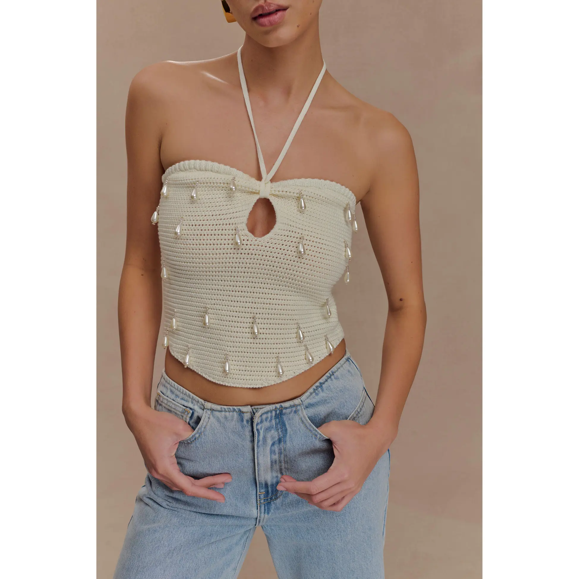 Aletta Knit Pearl Halter Top - Ivory