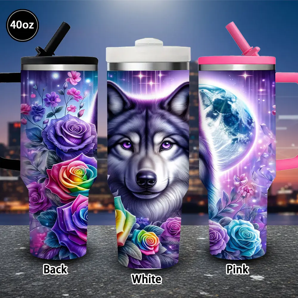1 pc 40 oz Mystical Wolf & Roses Tumbler with lid and straw, winter insulated travel mug, gift for women and men, ideal for Valentine’s Day, Easter, birthday gifts, iced/hot coffee cup