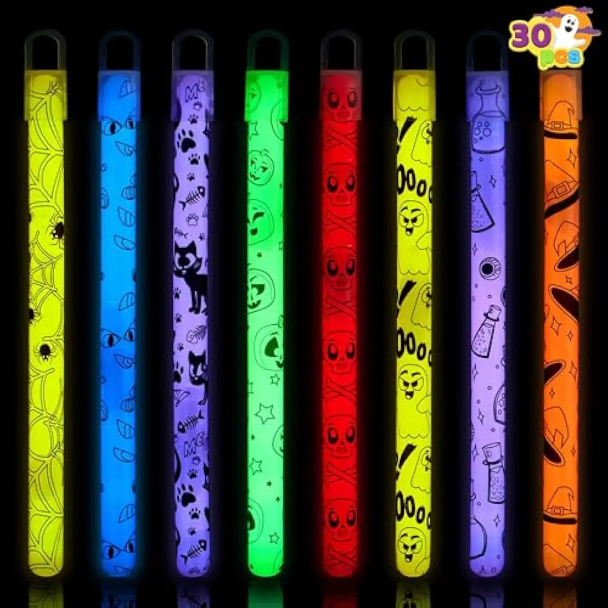 30 Pcs Halloween Glow Sticks Bulk Party Pack, Hanging Wands in 8 Design, 6 Color Light Up Stick for Kid Glow in The Dark Halloween Party Favor Supplies, Goodie Bag Filler, Trick or Treating Gift