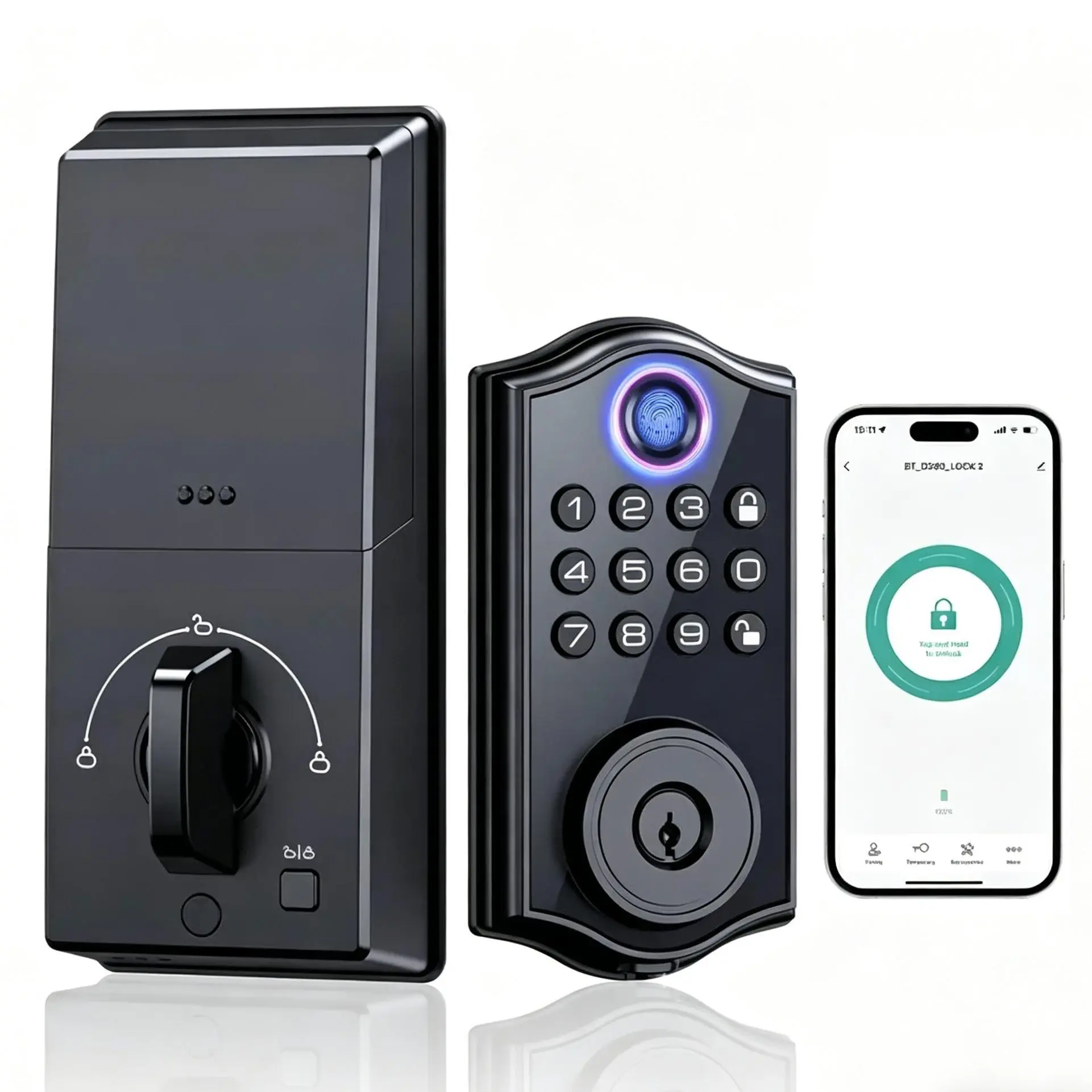 4-in-1 Smart Deadbolt Lock - Fingerprint, Keypad, APP & Manual Key Access, Matte Black Finish,biometric smart lock,keyless thumbprint entry door lock,bluetooth deadbolt  keyless entry lock keypad keyless entry