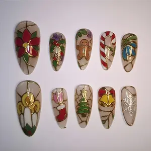 Christmas Stained Glass Press On Nails | 3D Gingerbread, Candy Cane & Tree Art | Festive Holiday Design | Handmade Winter Set
