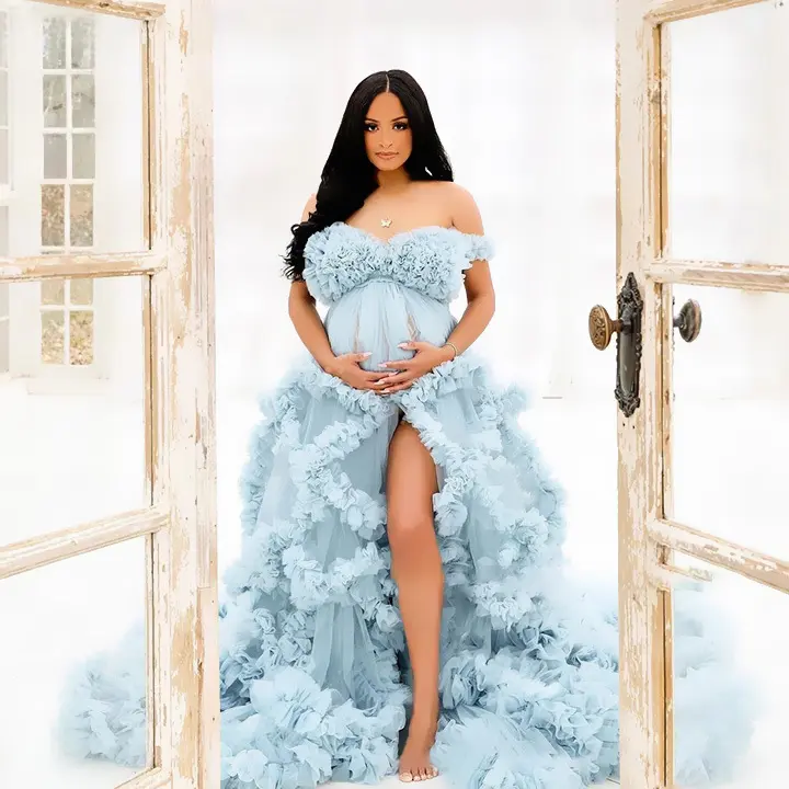 Pregnancy dress elegant pregnant woman evening dress robe one shoulder long transparent bride pregnancy tulle skirt fashion personality show belly