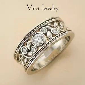 925 Sterling Silver Elegant Vintage Floral Design Women'S Ring, Minimalist Cross Cut-Out Style Wide Band, S925 Sterling Silver with Synthetic Zirconia Accents, Daily Wear Jewelry Accessories Gift for Mother's day Gift