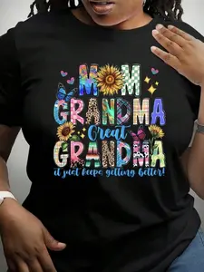 Plus Size, Women's Plus Size T-Shirt with Grandma Slogan & Floral Print - "Mom's My Grandma, Great Grandma Too!" Short Sleeve Round Neck Casual Top, Medium-Stretch Machine Washable All-Season Comfort Fit for Family Reunions & Casual Attire - Vibrant Color