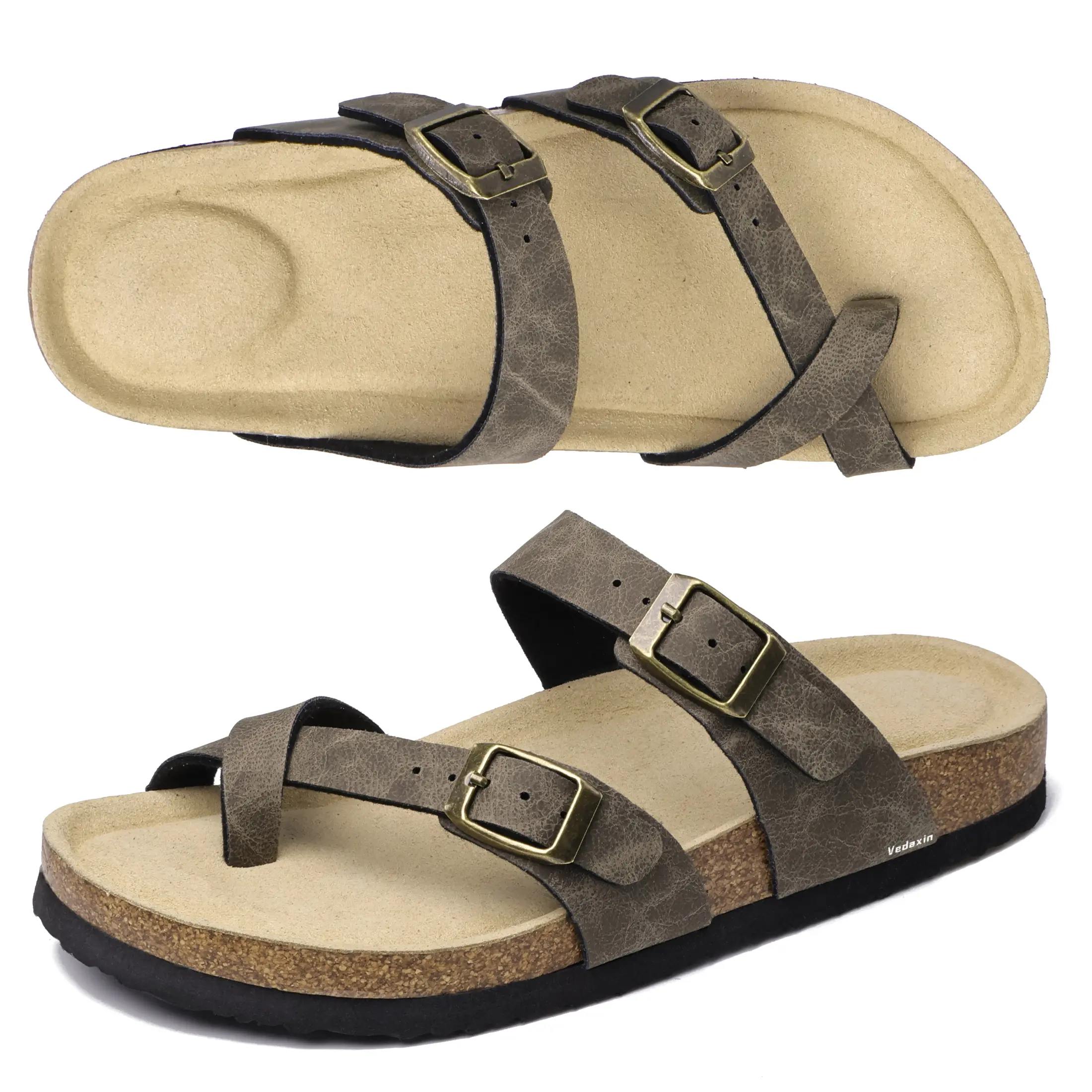 Women's Strappy Slip-On Slippers With Adjustable Buckle Cork Footbed Slides For Walking Beach Outdoor Sandals