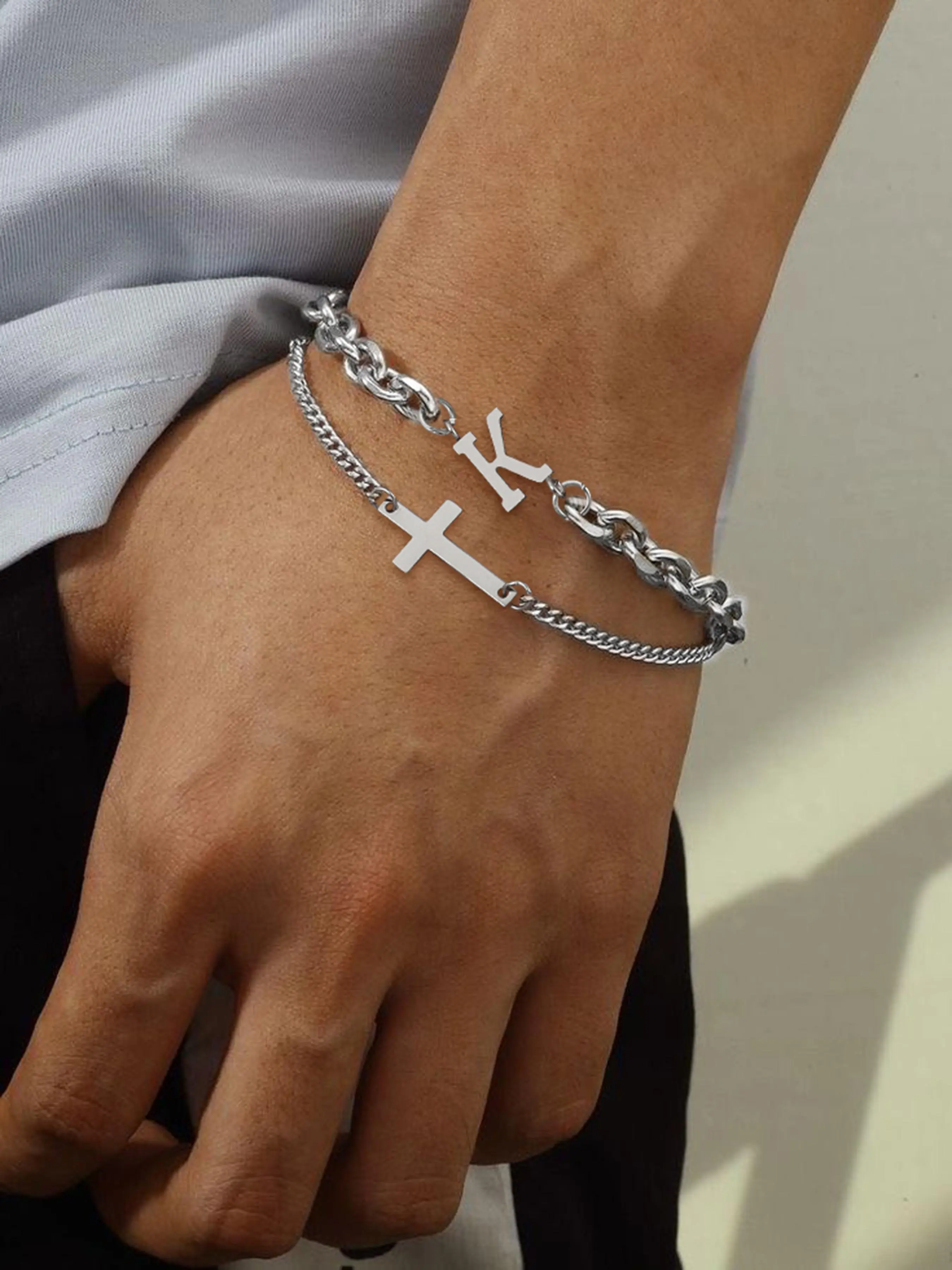 Men's Fashion Letter & Cross Design Bracelet, Casual Trendy Stainless Steel Chain Bracelet, Fashion Accessories for Daily Wear, Bracelet Stack