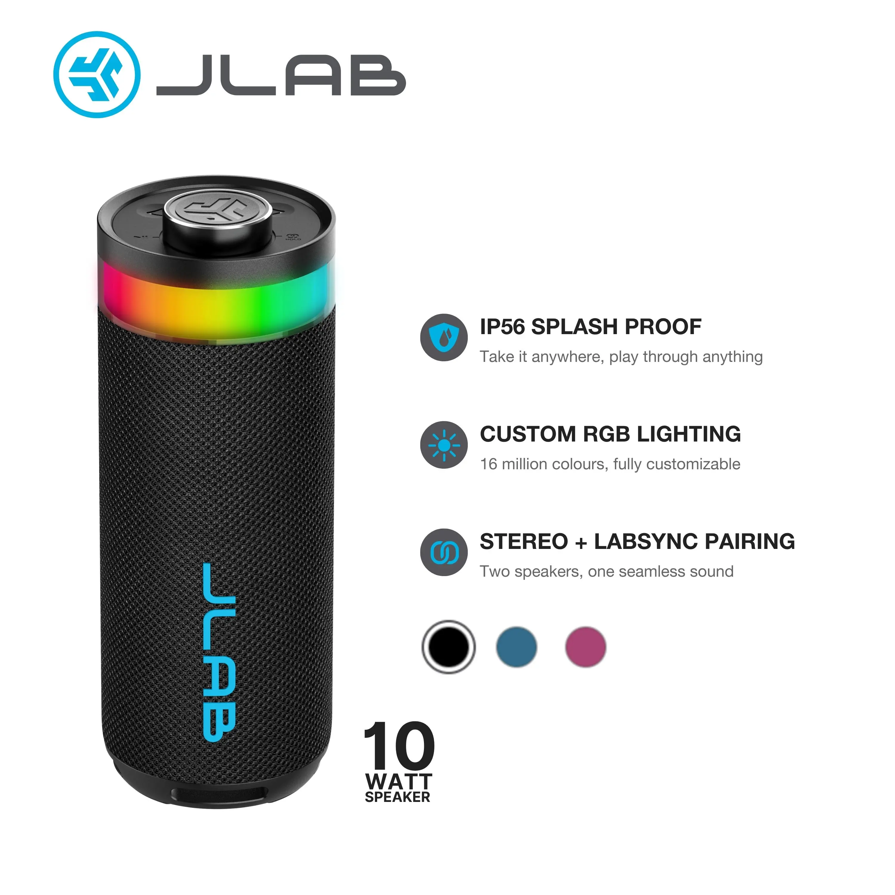 JLab Go Party Portable Bluetooth Speaker 10W Power 16 Hours Playtime RGB Lighting IP56 Waterproof Bluetooth 5.3 EQ3 Sound Modes with Loop Handle