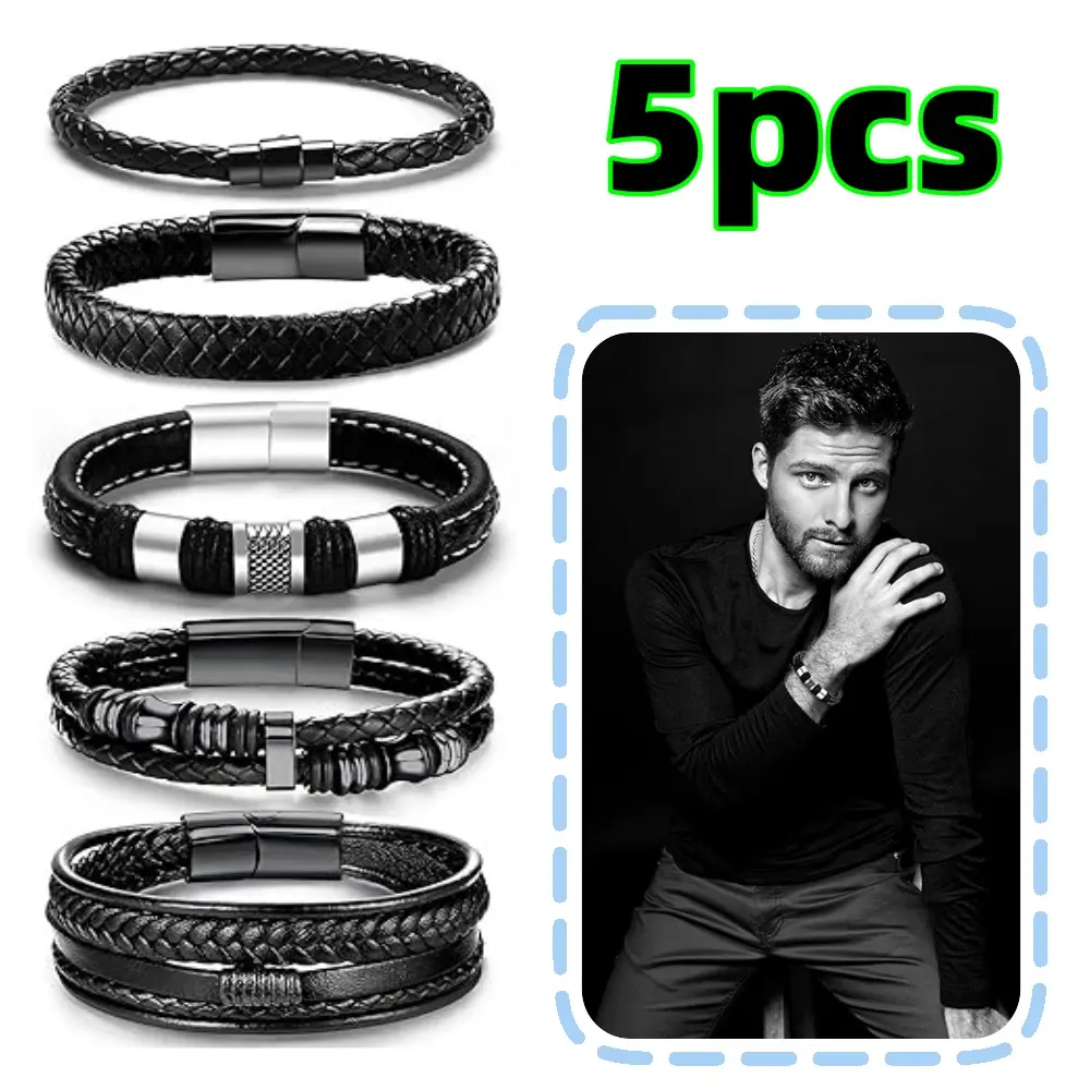 Unisex 5-Piece Bracelet Set, Stylish Multilayer & Braided Wristbands with Steel Accents, Casual Anniversary Party Accessory, Wedding, Genuine Leather, Matching Styles, Braided Look, Multilayer Sets, Gift, Valentine, Five Pieces