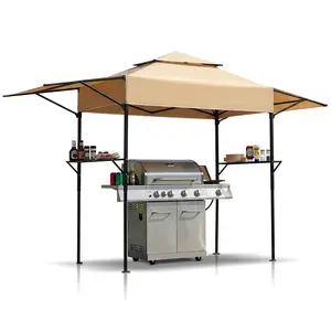 Dark Gray Double-top Foldable Grill Canopy with Adjustable Side Sun Shades, Mesh Trays & Carry Bag, Powder Coated Steel Frame Patio BBQ Shelter for Outdoor Camping, Picnic, Garden