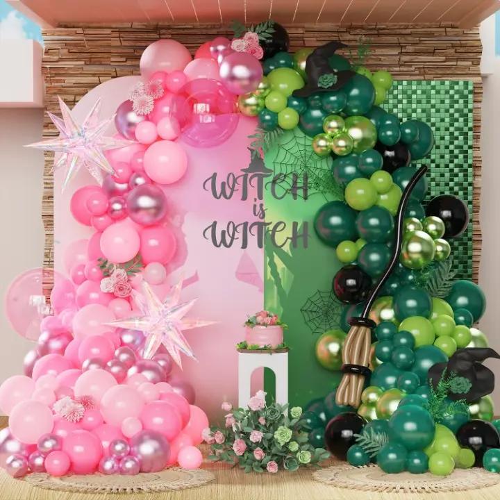 164-Piece Pink, Green & Black Balloon Arch Kit with Star Balloons for Witch & Princess Parties